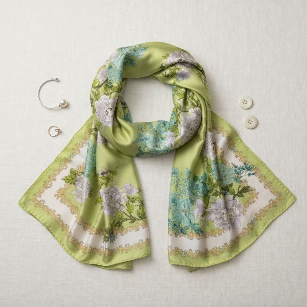 Green Floral Satin Scarf Lightweight Shawl Wrap Elegant Summer Accessory - Picture 3 of 12